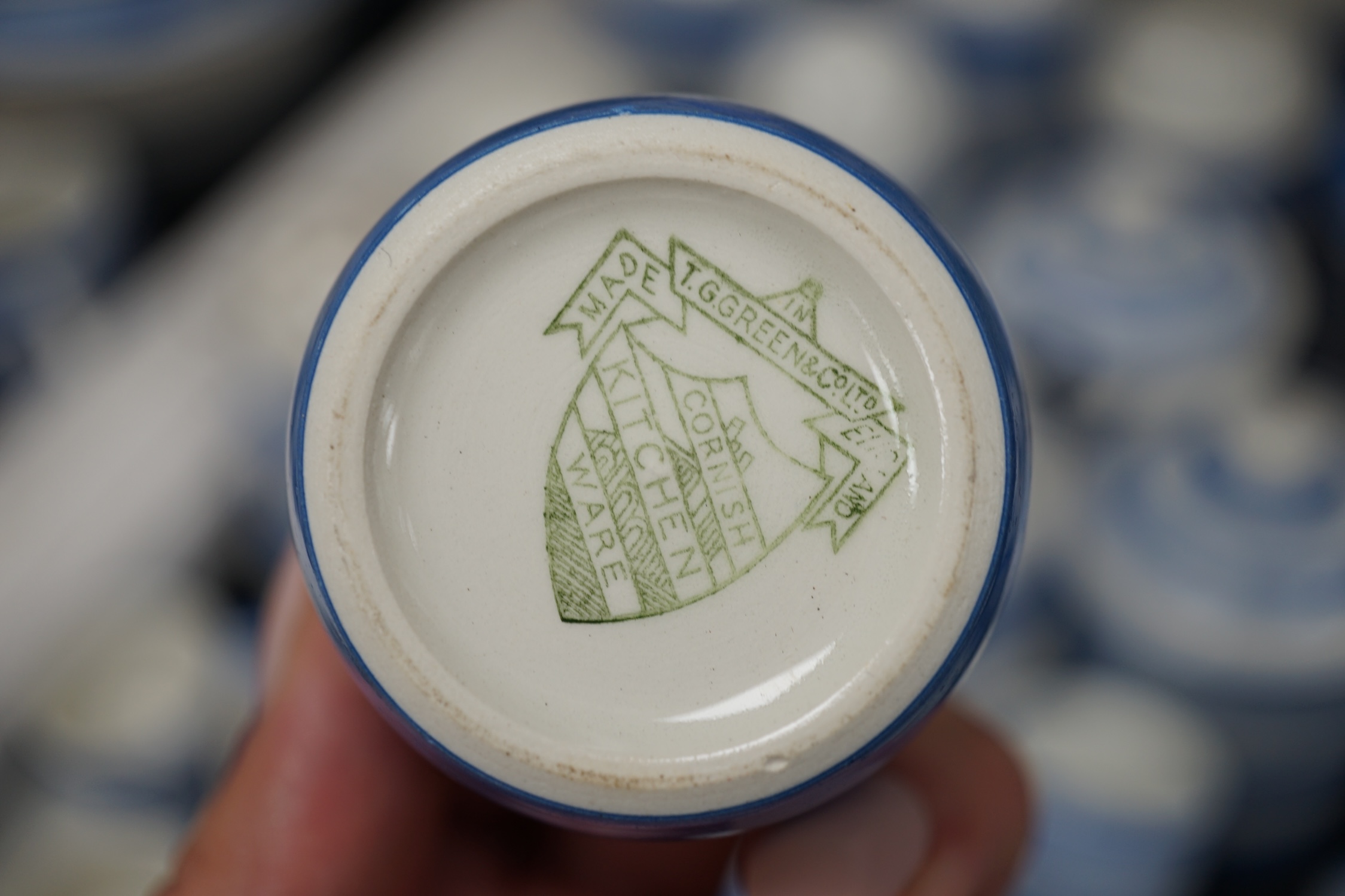 T.G.Green Cornish Kitchenware, a collection to include eleven flour, sugar, salt, brown flour and pepper shakers, six lidded jars, oil and sauce bottles, egg cruet etc, approximately thirty pieces, mixed marks. Condition